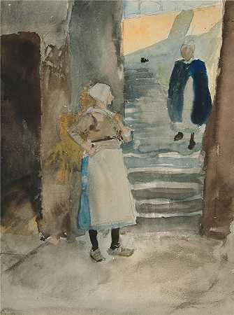 艾德文·奥斯汀·艾比(Edwin Austin Abbey,美国画家)作品-有两个鱼妻的街景