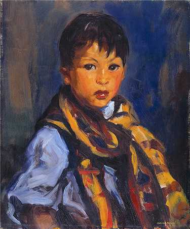 罗伯特·亨利（Robert Henri，美国画家）作品-(戴格子围巾的男孩 (1916))