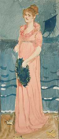 艾德文·奥斯汀·艾比(Edwin Austin Abbey,美国画家)作品-海滩上女人身份不明的插图，远处的船