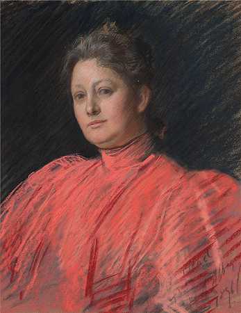 艾德文·奥斯汀·艾比(Edwin Austin Abbey,美国画家)作品-身着粉红色连衣裙的修道院夫人肖像，腰长（1896 年）