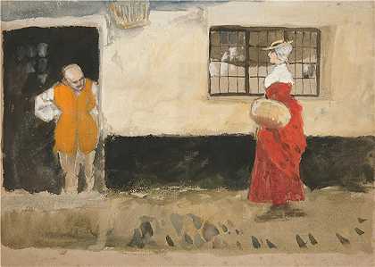 艾德文·奥斯汀·艾比(Edwin Austin Abbey,美国画家)作品-研究街景，男人在门口，女人穿红裙子
