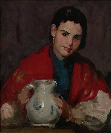 罗伯特·亨利（Robert Henri，美国画家）作品-(塞戈维亚女孩拿着投手 (1912))