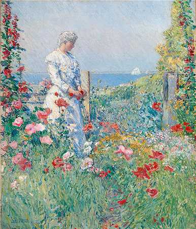 柴尔德·哈萨姆（Childe Hassam，美国画家）作品-(在花园里（西莉亚·萨克斯特在她的花园里）（1892）)