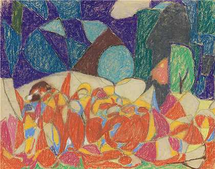 阿道夫·霍尔泽尔（Adolf Hölzel，德国画家）作品 -(紫绿色形状下的一组人物（1920）)