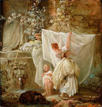 休伯特·罗伯特（Hubert Robert，法国画家）作品-洗衣妇和孩子 (1761)