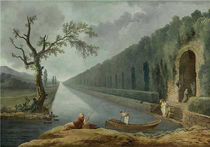 休伯特·罗伯特（Hubert Robert，法国画家）作品-有运河的花园场景