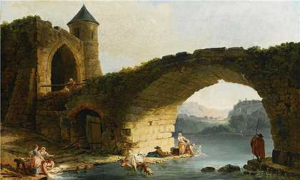 休伯特·罗伯特（Hubert Robert，法国画家）作品-Capriccio 河风景与洗衣妇在一座被毁的桥梁附近