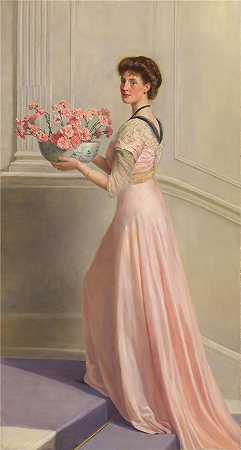 约翰·科利尔（ John Collier,英国画家）-(一位身着粉红色的女士拿着一碗粉红色康乃馨的画像)