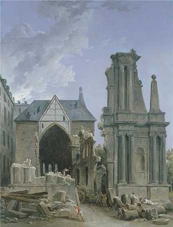 休伯特·罗伯特（Hubert Robert，法国画家）作品-拆迁中的费扬教堂 (1804)