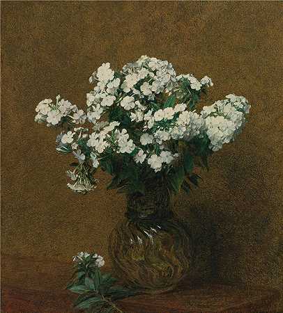 亨利·范汀·拉图尔（Henri Fantin-Latour，法国画家）作品-(花瓶中的白色福禄考（1892）)高清油画