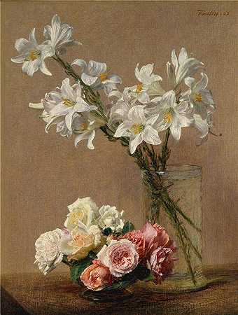 亨利·范汀·拉图尔（Henri Fantin-Latour，法国画家）作品-(玫瑰与百合 (1888))高清油画