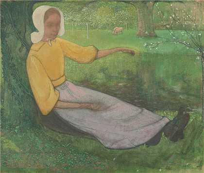 理查德·罗兰·霍尔斯特（Richard Roland Holst，荷兰画家）作品-(惠禅女坐在树下（1888 – 1895）)