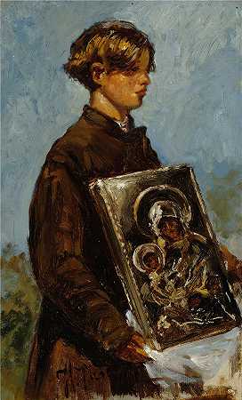 伊利亚·列宾（ Ilya Repin,俄罗斯画家）-(小男孩背着圣像，素描（1880 年）)