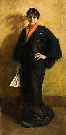 威廉·梅里特·蔡斯（William Merritt Chase，美国画家）高清油画-(蓝色和服)