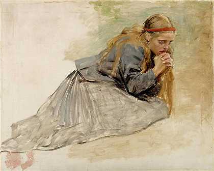艾伯特·埃德菲尔特（Albert Edelfelt，芬兰画家）-( 抹大拉的马利亚跪下，为基督和抹大拉的马利亚学习 (1890))