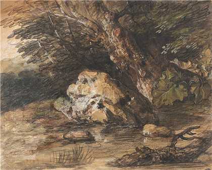 托马斯·庚斯博罗（Thomas Gainsborough，英国画家）-(有岩石和植物的林地池)