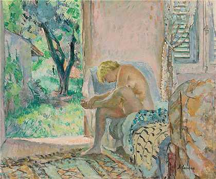 亨利·勒巴斯克（Henri Lebasque，法国画家）-(裸 体坐在靠窗的沙发上（1934-1935）)