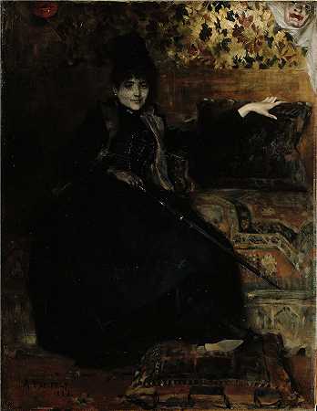 艾伯特·埃德菲尔特（Albert Edelfelt，芬兰画家）油画-( 坐着的黑衣女郎（1886 年）)