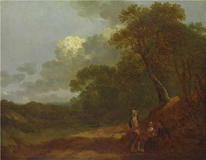 托马斯·庚斯博罗（Thomas Gainsborough，英国画家）-(一个男人和两个坐着的女人交谈的树木繁茂的风景)