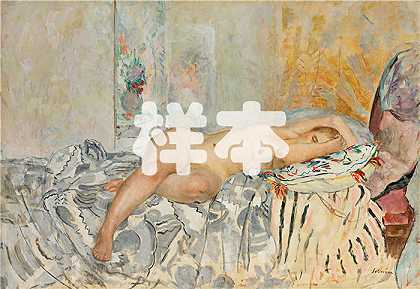 亨利·勒巴斯克（Henri Lebasque，法国画家）-(躺在西班牙垫子上的裸体 (1925))