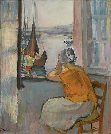 亨利·勒巴斯克（Henri Lebasque，法国画家）-(杨岛窗外的年轻女子)