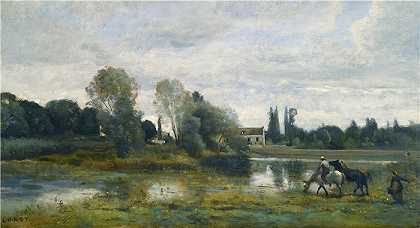 让·巴蒂斯特·卡米尔·柯罗（Jean-Baptiste-Camille Corot,法国画家）高清油画-(阿夫雷镇；马槽（约1860-1965）)