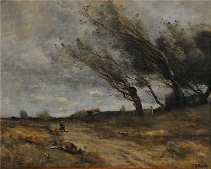让·巴蒂斯特·卡米尔·柯罗（Jean-Baptiste-Camille Corot,法国画家）高清油画-(Le Coup de vent (1865-1870))