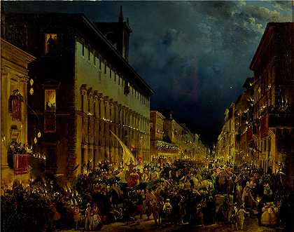 伊波利托·卡菲（Ippolito Caffi，意大利画家）-(罗马的莫科利之夜 (1834))
