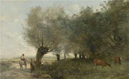 让·巴蒂斯特·卡米尔·柯罗（Jean-Baptiste-Camille Corot,法国画家）高清油画-(岛上的柳树)