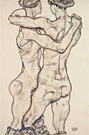 埃贡·席勒（ Egon Schiele，奥地利画家）-(裸体女孩拥抱 (1914))