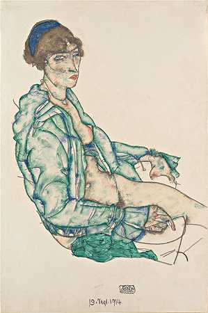埃贡·席勒（ Egon Schiele，奥地利画家）-(带蓝色发带的半裸坐姿 (1914))
