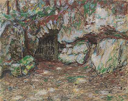 克里斯蒂安·罗尔夫斯（Christian Rohlfs，德国画家）绘画作品-(魏玛公园洞穴（1894）)