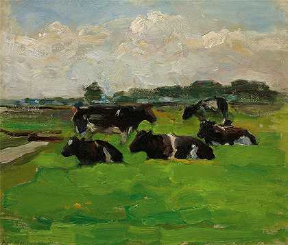 皮特·蒙德里安(Piet Mondrian，荷兰画家)油画-(五头牛的风景（大约 1901-02 年）)