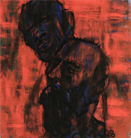 克里斯蒂安·罗尔夫斯（Christian Rohlfs，德国画家）绘画作品-(红色上的黑头（1928）)