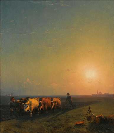 伊万·艾瓦佐夫斯基（Ivan Aivazovsky，俄罗斯画家）风景油画-(犁地，克里米亚 (1865))
