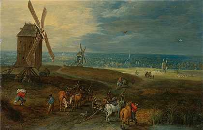 扬·布鲁格赫尔（ Jan Brueghel The Elder,意大利画家）-(风车前有旅行者的广阔景观)