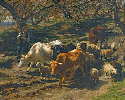 罗莎·博纳尔(rosa bonheur，法国画家)-(带着羊群的牧羊人（1852年）)