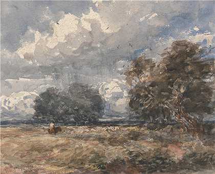 大卫·考克斯（David Cox，英国画家）-(牧羊群，刮风的日子（1848 年）)