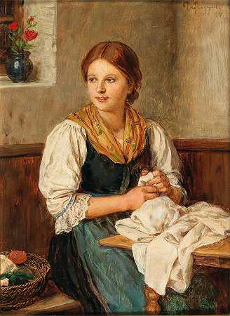 弗朗茨·冯·德弗雷格（Franz von Defregger，奥地利画家）-(在家缝制传统服装的年轻女孩（1884 年）)