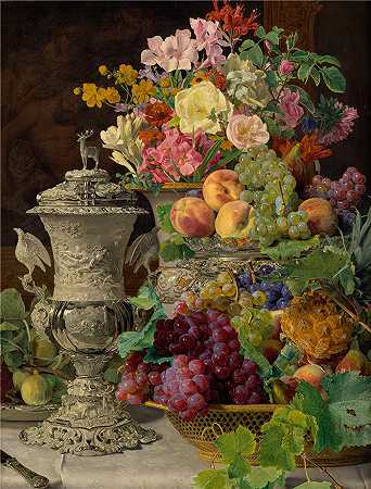 费迪南德·乔治·沃尔德米勒（Ferdinand Georg Waldmuller,奥地利画家）作品–有水果、鲜花和银杯的静物（1839 年）