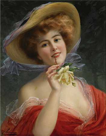 埃米尔·弗农 (Emile Vernon，法国画家)-(有黄玫瑰的女孩)