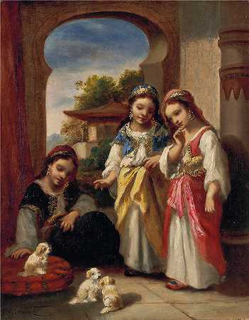 纳西斯·迪亚兹·德·拉·佩纳（Narcisse-Virgile Diaz de la Peña，法国画家）作品-(土耳其的三个女孩和三只小狗)