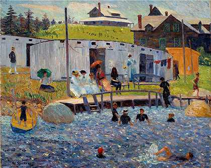 威廉·格拉肯斯（William Glackens，美国画家 ）-(沐浴时间，切斯特，新斯科舍省（1910）)