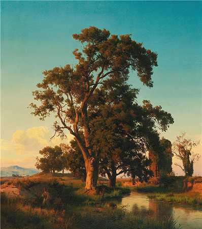 奥斯瓦尔德·阿亨巴赫（Oswald Achenbach，德国画家）-(傍晚灯光下的一棵雄伟的树)