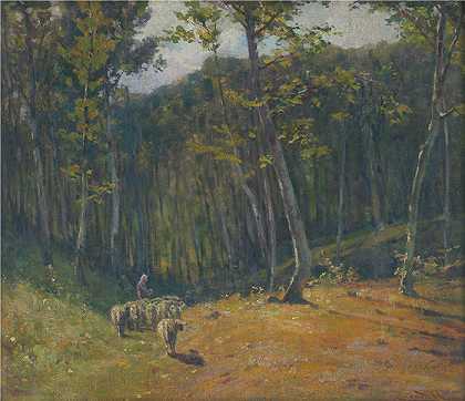 ĽudovítČordák（匈牙利画家）-(有羊的森林（1900-1910）)