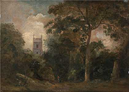 约翰·康斯特布尔（John Constable，英国画家）-(树上的教堂)