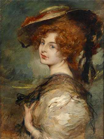 利奥波德·施穆茨勒（Leopold Schmutzler，德国画家）-(一位红头发和一顶帽子的女士的肖像)