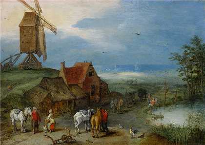 扬·布鲁格赫尔（ Jan Brueghel The Elder,意大利画家）-(农庄附近有风车、各种人物、马和动物的风景（1606 年）)