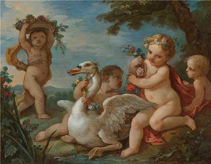 查尔斯·约瑟夫·纳托瓦（Charles Joseph Natoire，法国画家）-(普蒂用花环装饰天鹅（1760）)