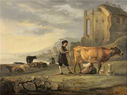 阿尔伯特·库普（Aelbert Cuyp，荷兰画家 ）-(女仆挤奶的风景（约 1655 年）)